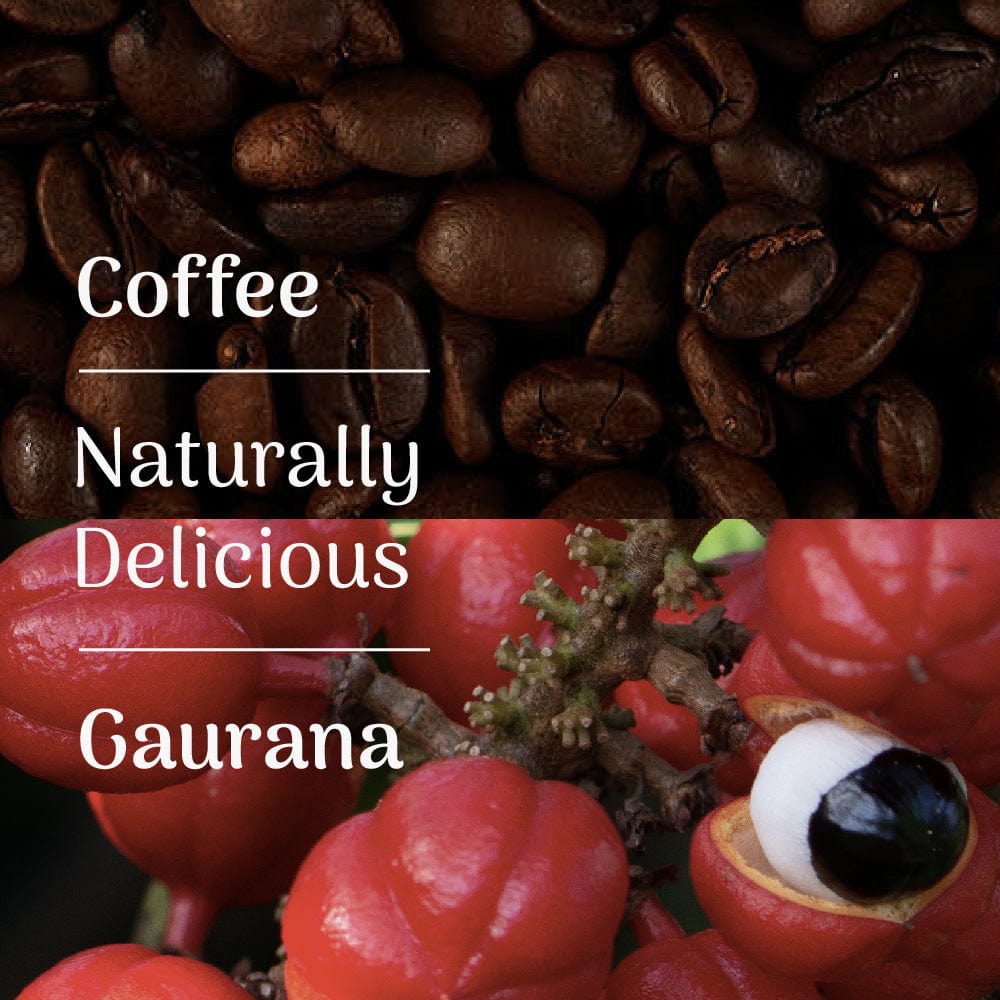 coffee beans and gaurana with 'naturally delicious' text overlay