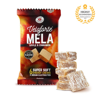 Veloforte Mela Apple & Cinnamon energy chew package with chews displayed in front on a white background