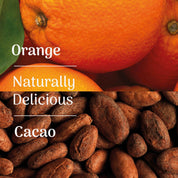 Close-up of cacao beans with an orange in the background, featuring text about the combination.