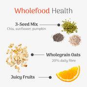 Illustration of wholefood health with 3-seed mix, wholegrain oats, and juicy fruits on a white background.