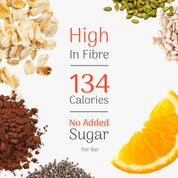 Nuts, seeds, and an orange slice with nutritional information on a white background