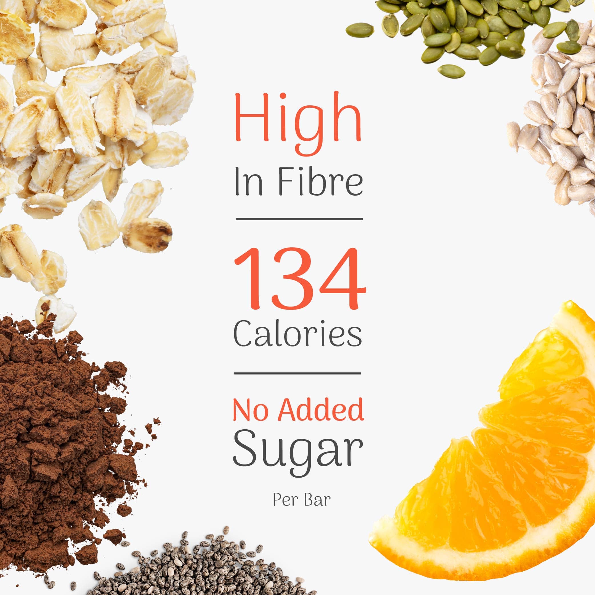 Nuts, seeds, and an orange slice with nutritional information on a white background