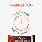 Veloforte Orange & Cacao bar with 'Healthy Habits' text and clock graphic on a white background