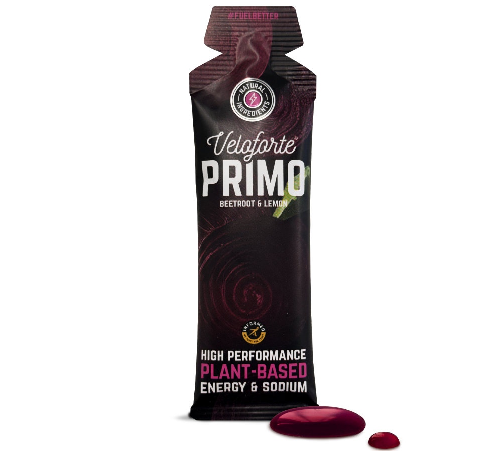 Veloforte Primo energy gel package with beetroot and lemon flavour on a white background