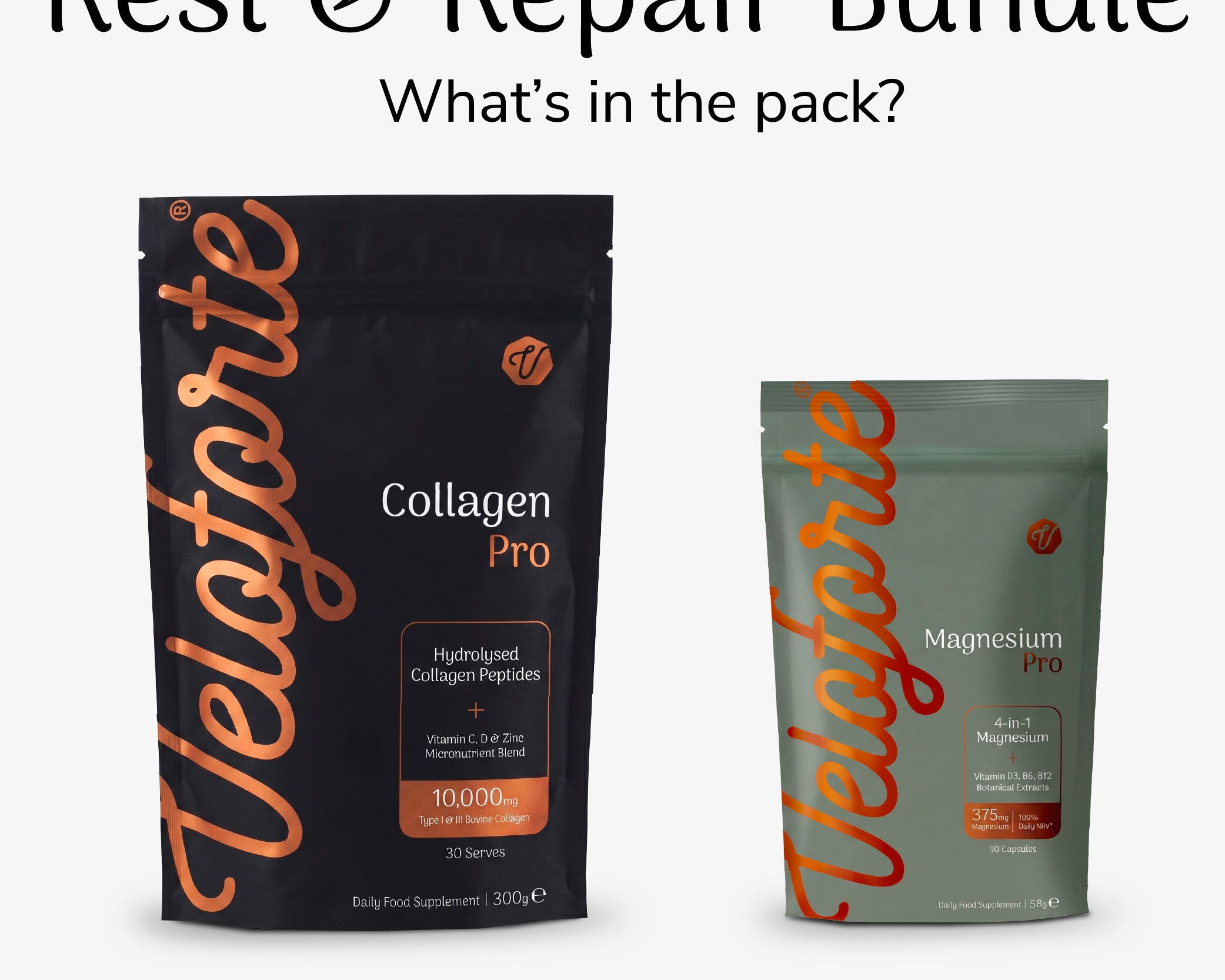 Veloforte Collagen Pro and Magnesium Pro packages with text 'Rest & Repair Bundle' on a white background.