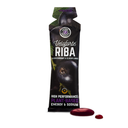 Veloforte Riba black currant and elderflower energy gel on a white background