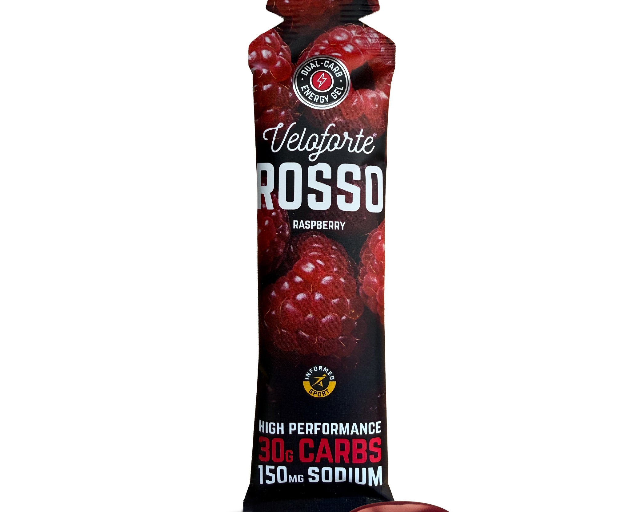 Veloforte Rosso raspberry high performance energy gel packaging on a white background