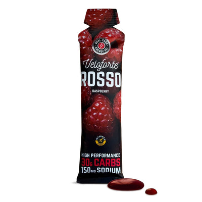 Veloforte Rosso raspberry high performance energy gel packaging on a white background