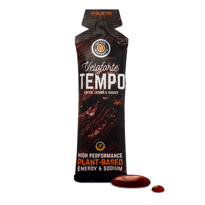 Veloforte Tempo energy gel packaging with a white background