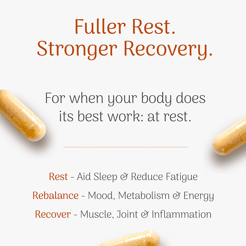 Product packaging with text 'Fuller Rest. Stronger Recovery.' and capsules on a white background.