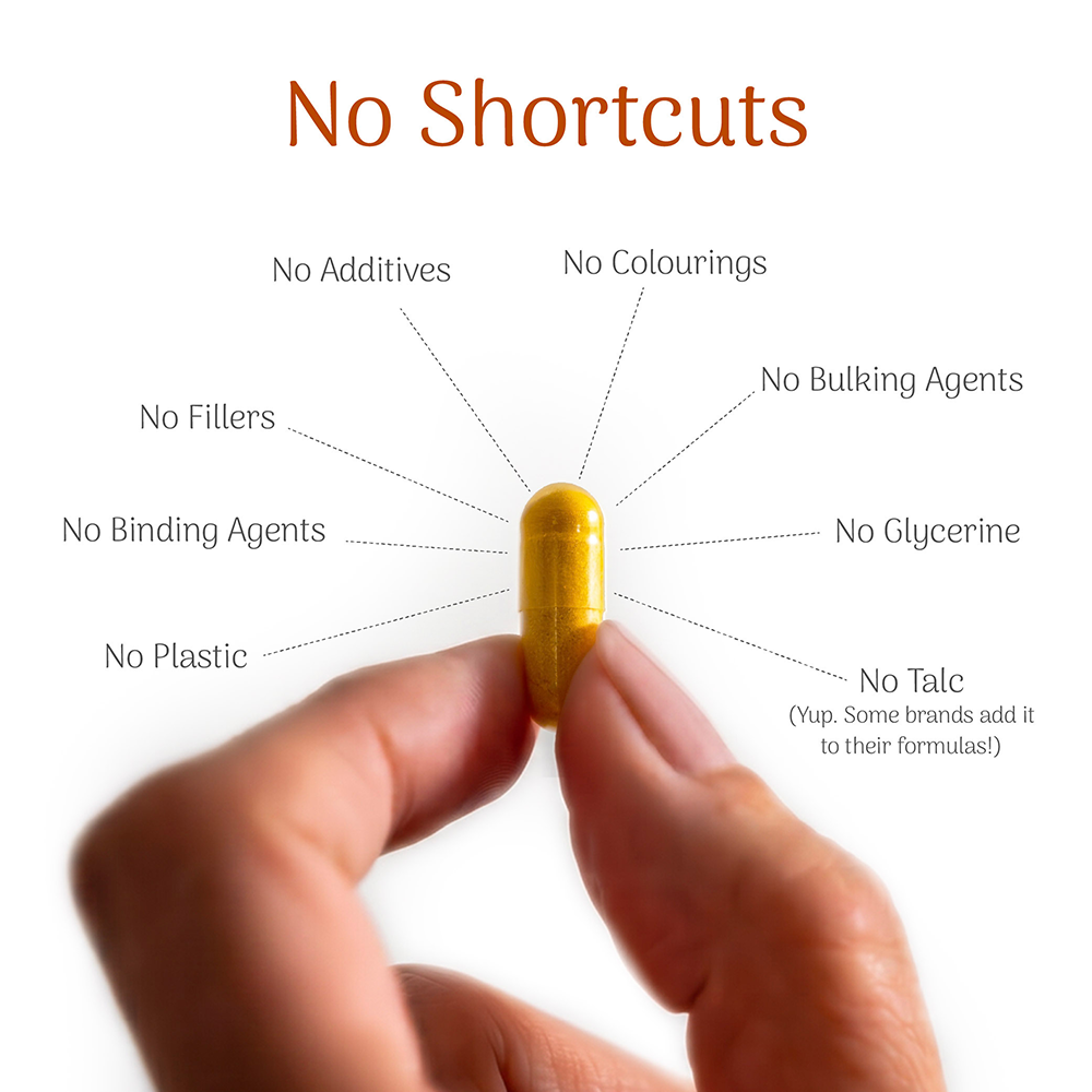 Yellow capsule held between fingers with health claims text on a white background