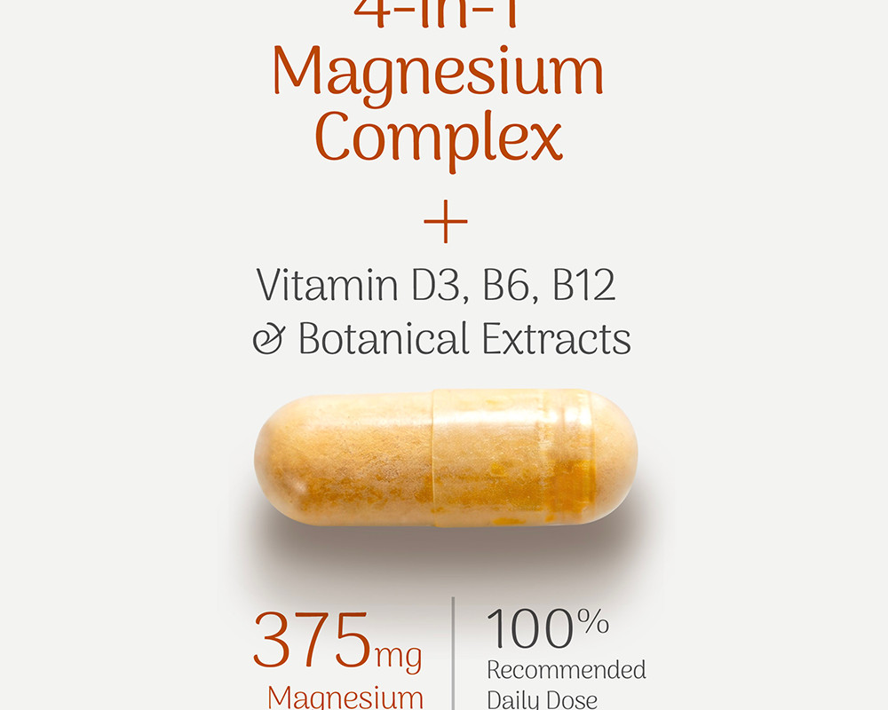 Supplement capsule with text about 4-in-1 Magnesium Complex on a light background