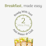 Product packaging with text 'Breakfast, made easy' and 'Ready With Just 2 Mins Prep Add Water & Chill'.