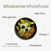  bowl of overnight oats with fruits and yogurt, labeled with nutritional benefits on a white background