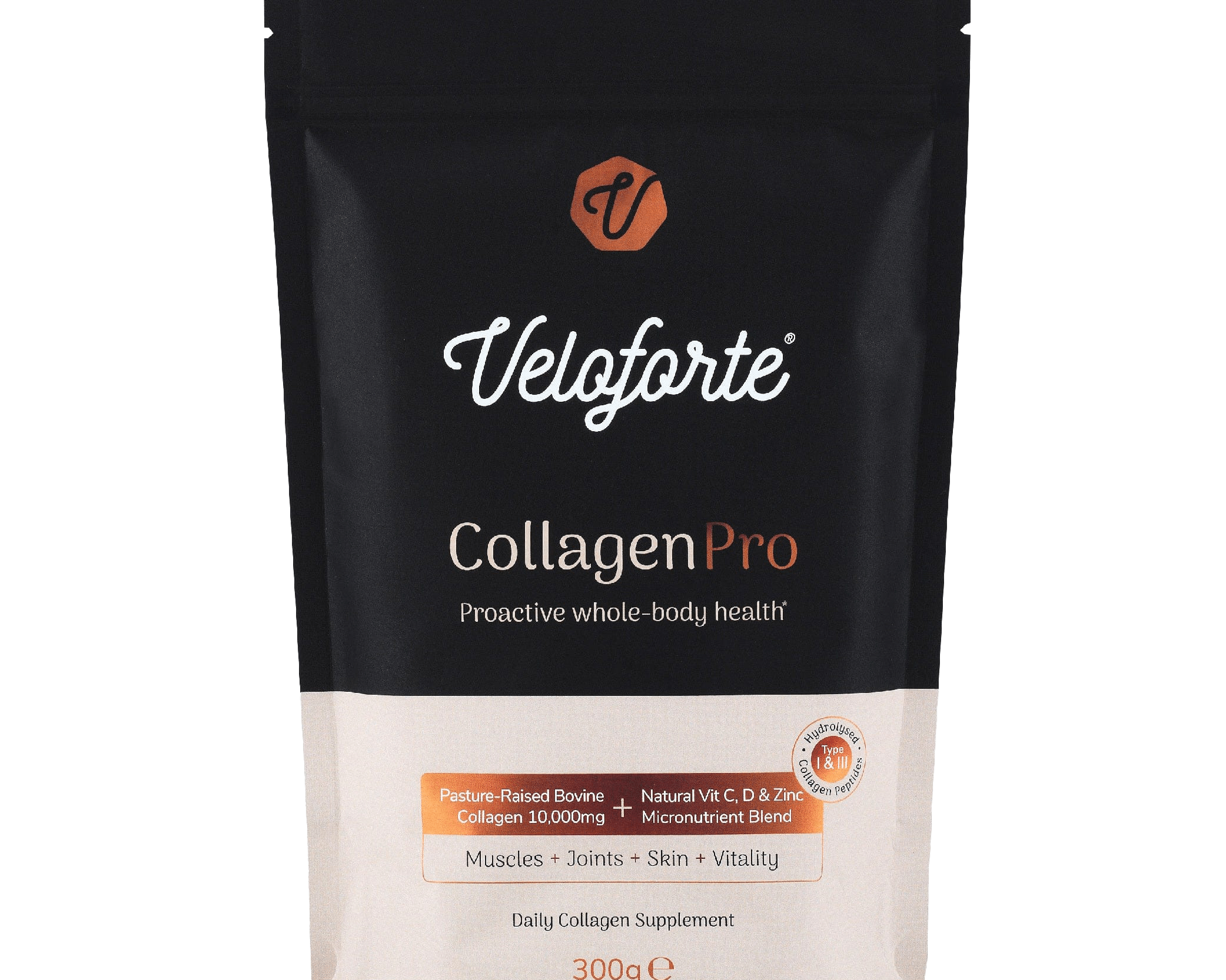 CollagenPro bovine collagen powder pouch — 10,000mg hydrolysed Type I & III peptides with vitamin C, D and zinc