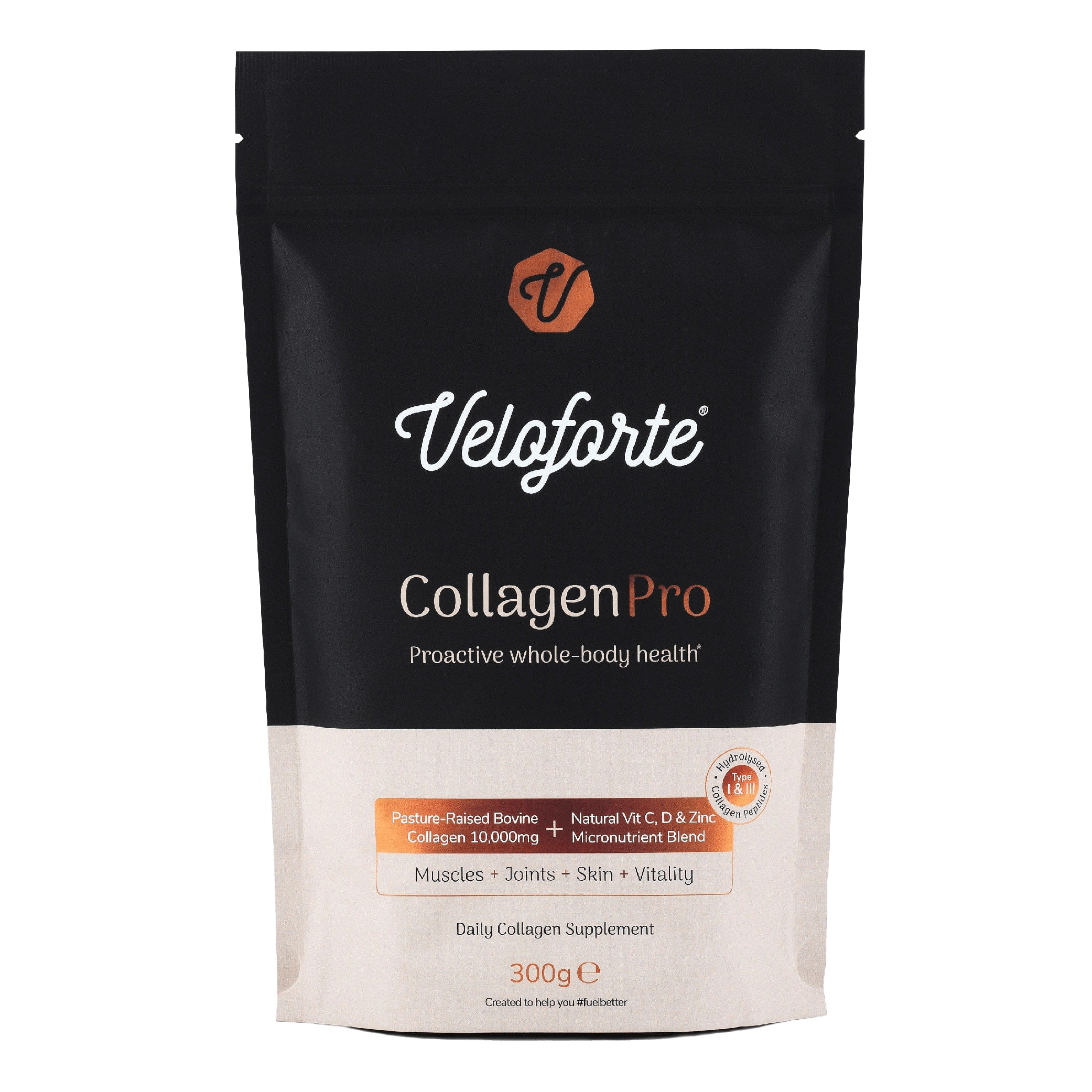 CollagenPro bovine collagen powder pouch — 10,000mg hydrolysed Type I & III peptides with vitamin C, D and zinc