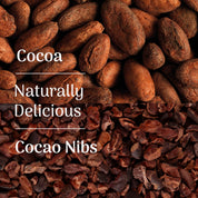 Cocoa nibs with text overlay on a dark background