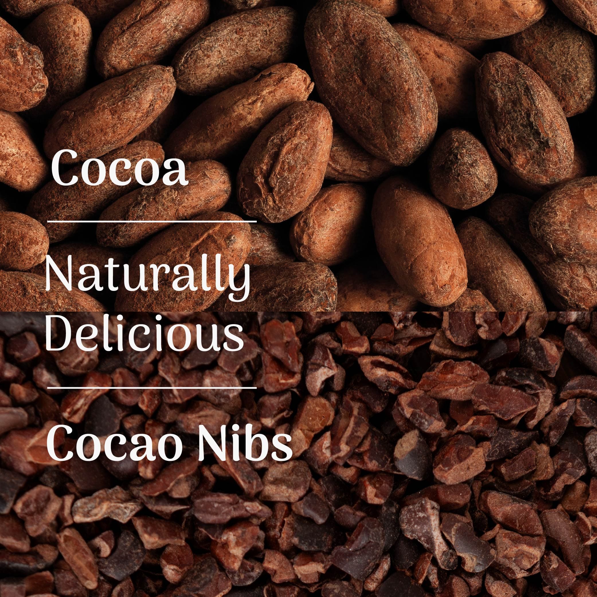 Cocoa nibs with text overlay on a dark background