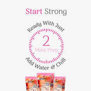 Product packaging with text 'Start Strong, Ready With Just 2 Mins Prep, Add Water & Chill' on a white background.