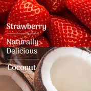 Close-up of strawberries and a coconut with text overlay.