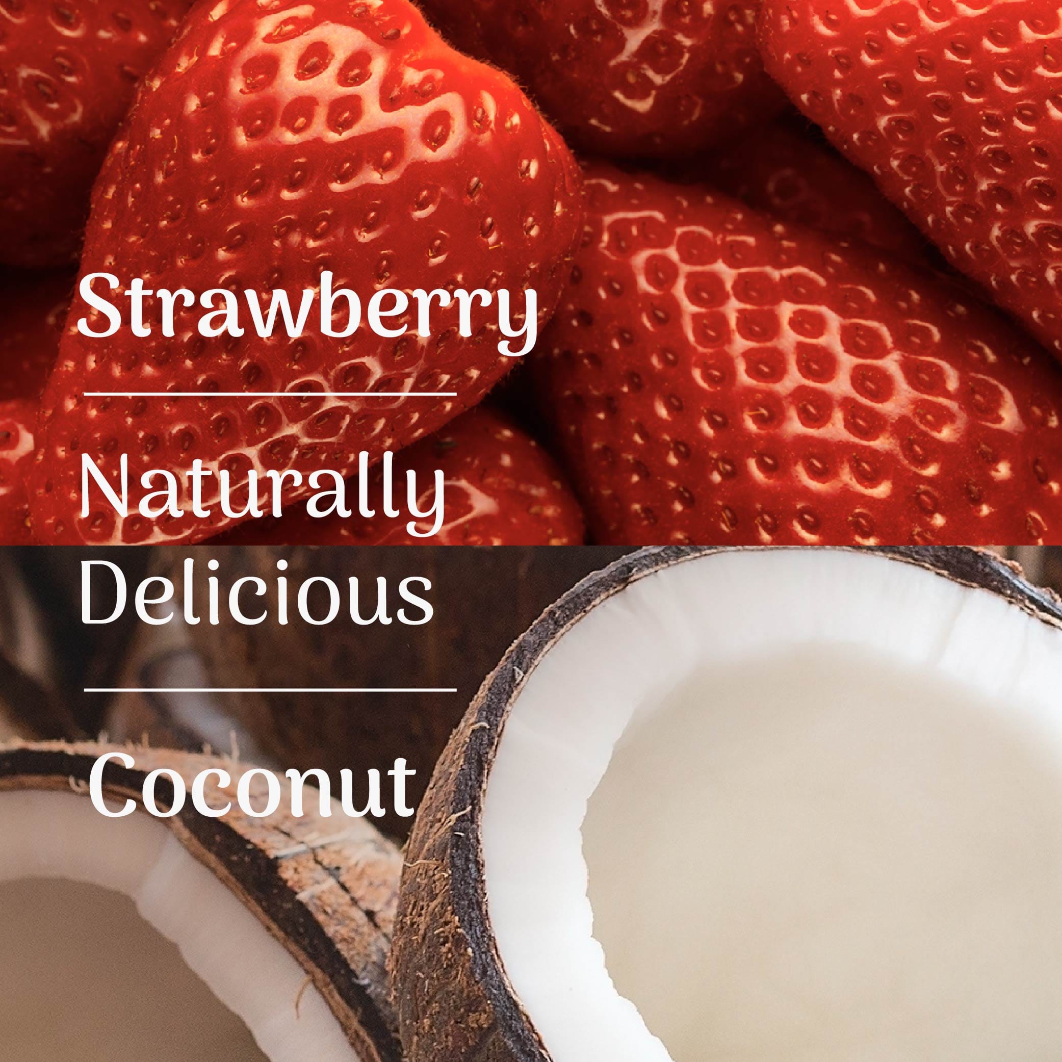 Close-up of strawberries and a coconut with text overlay.