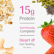 Nutritional label with protein content, heart and gut health benefits, and ingredients like strawberries and seeds on a white background.