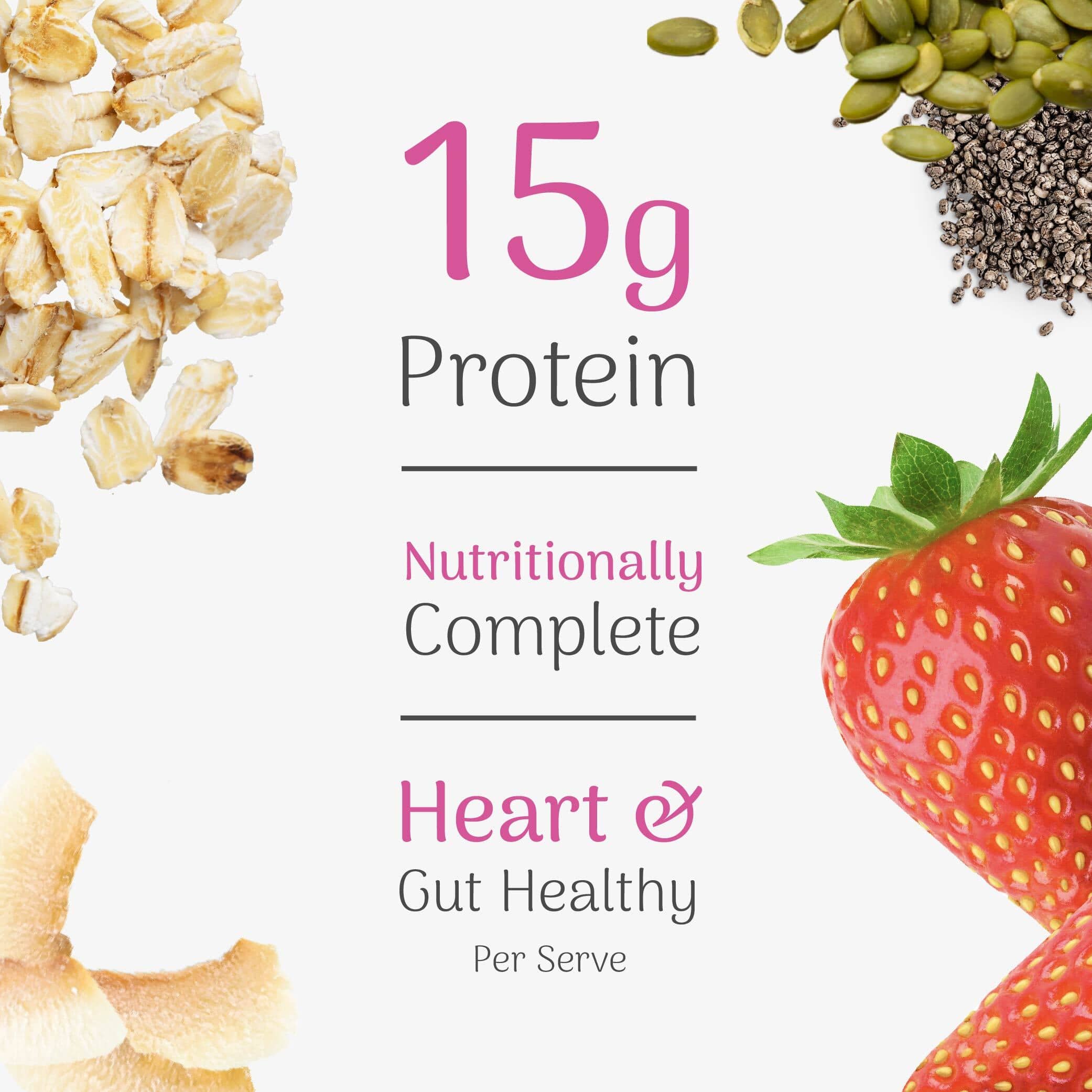 Nutritional label with protein content, heart and gut health benefits, and ingredients like strawberries and seeds on a white background.