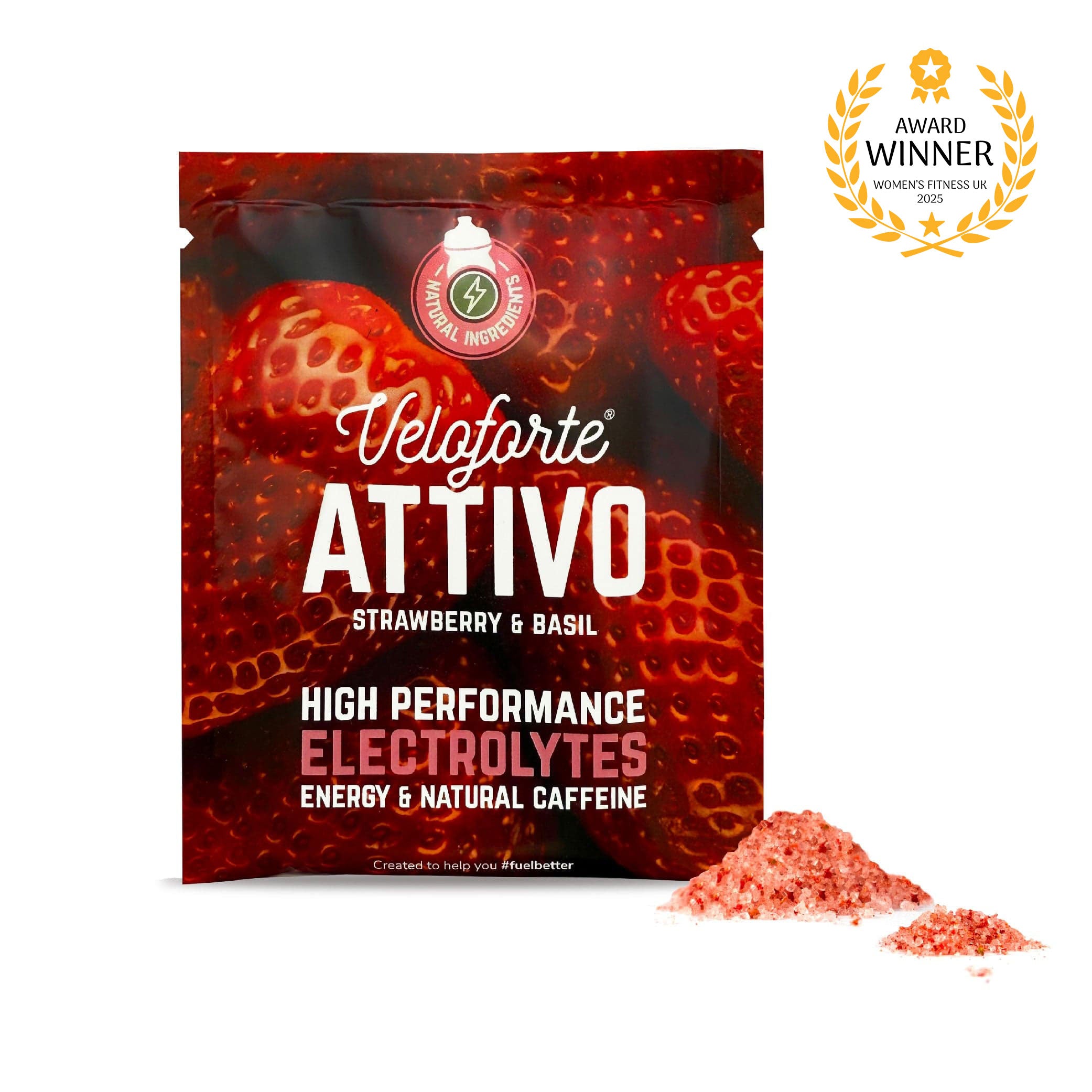 Veloforte Attivo strawberry and basil high performance electrolytes package with an award badge on a white background