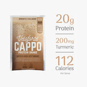 Veloforte Cappo coffee & cocoa Protein Shake package with nutritional information on a white background