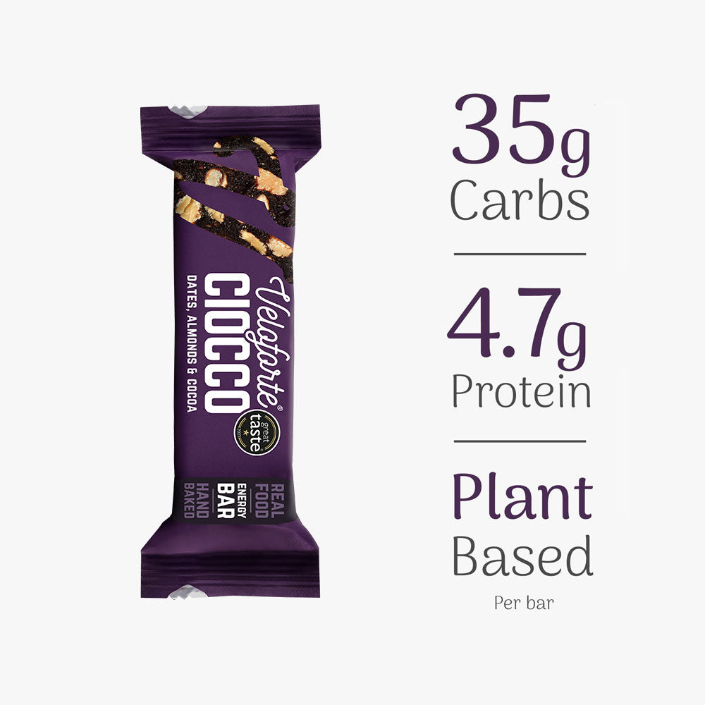 Cioccco energy bar packaging with nutritional information on a white background