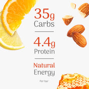 Nutritional information of a energy bar with fruits, honey and nuts on a white background