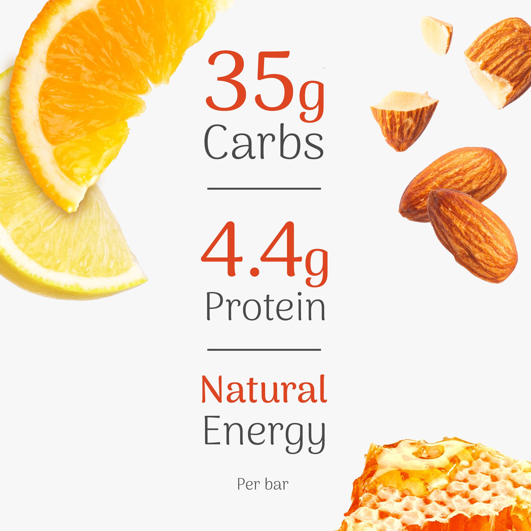 Nutritional information of a energy bar with fruits, honey and nuts on a white background