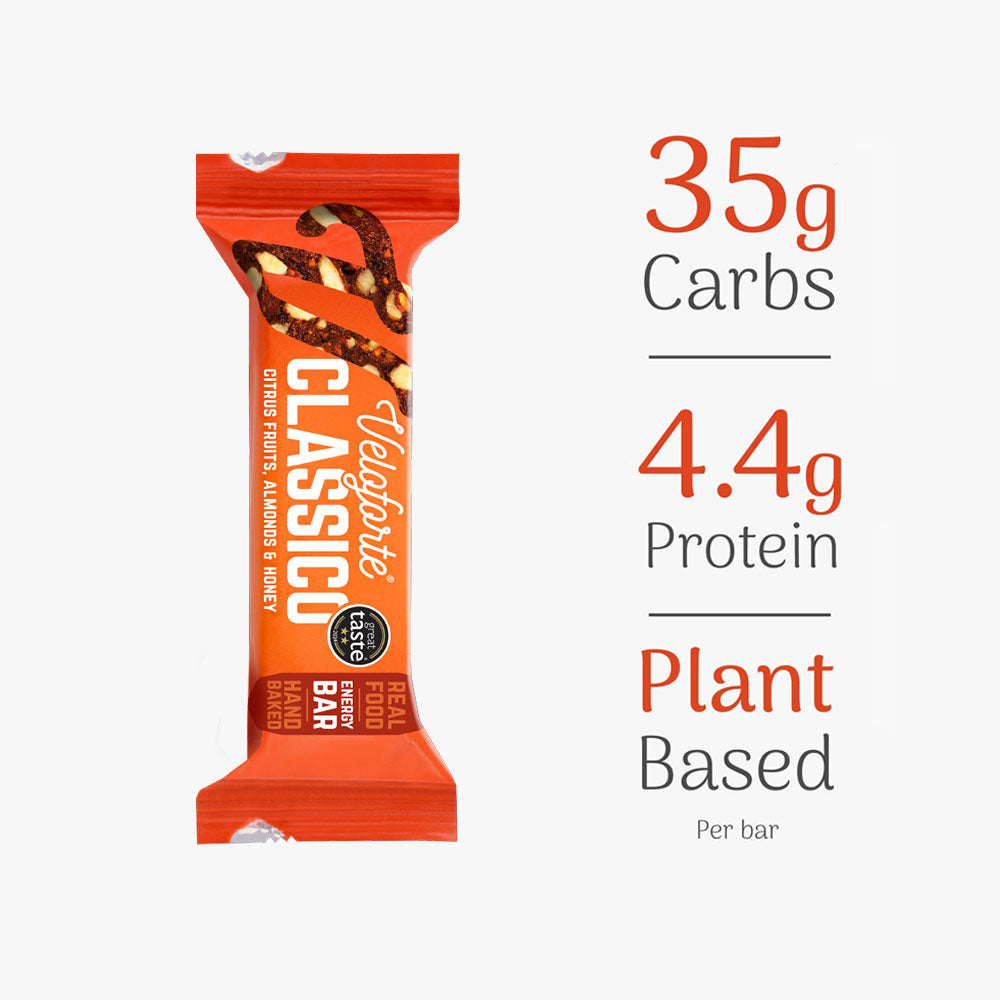Classico energy bar packaging with nutritional information on a white background