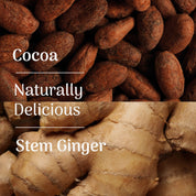 Cocoa beans and stem ginger with text overlay on a brown background