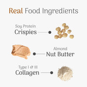 Real food ingredients including soy protein crispies, almond nut butter, and type I & III collagen on a white background.