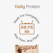 Daily Protein packaging with 'Made For Everywhere AM:PM' and 'Any Time, Any Place' text on a white background.