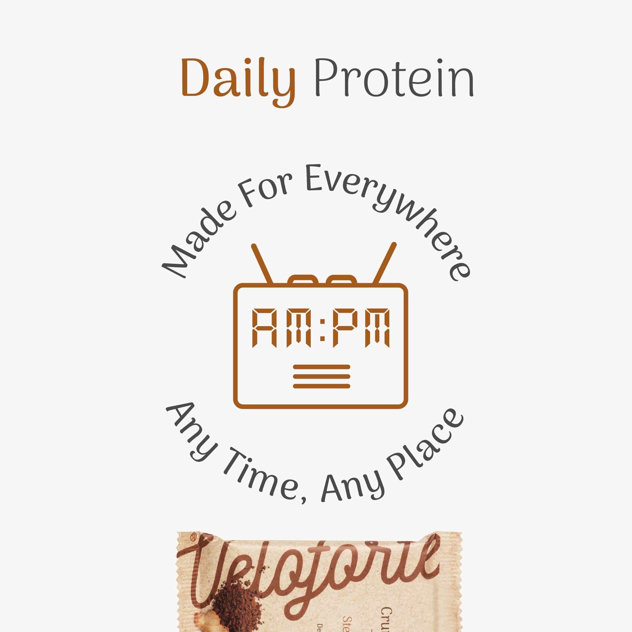 Daily Protein packaging with 'Made For Everywhere AM:PM' and 'Any Time, Any Place' text on a white background.