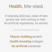 Text advertisement for a protein bar with health benefits and ingredient claims on a white background.