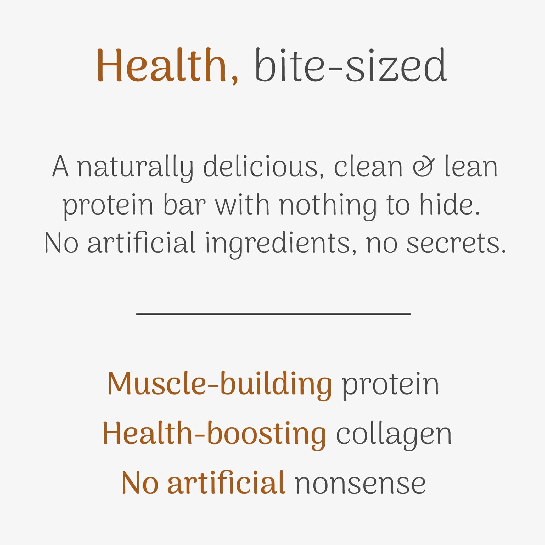 Text advertisement for a protein bar with health benefits and ingredient claims on a white background.