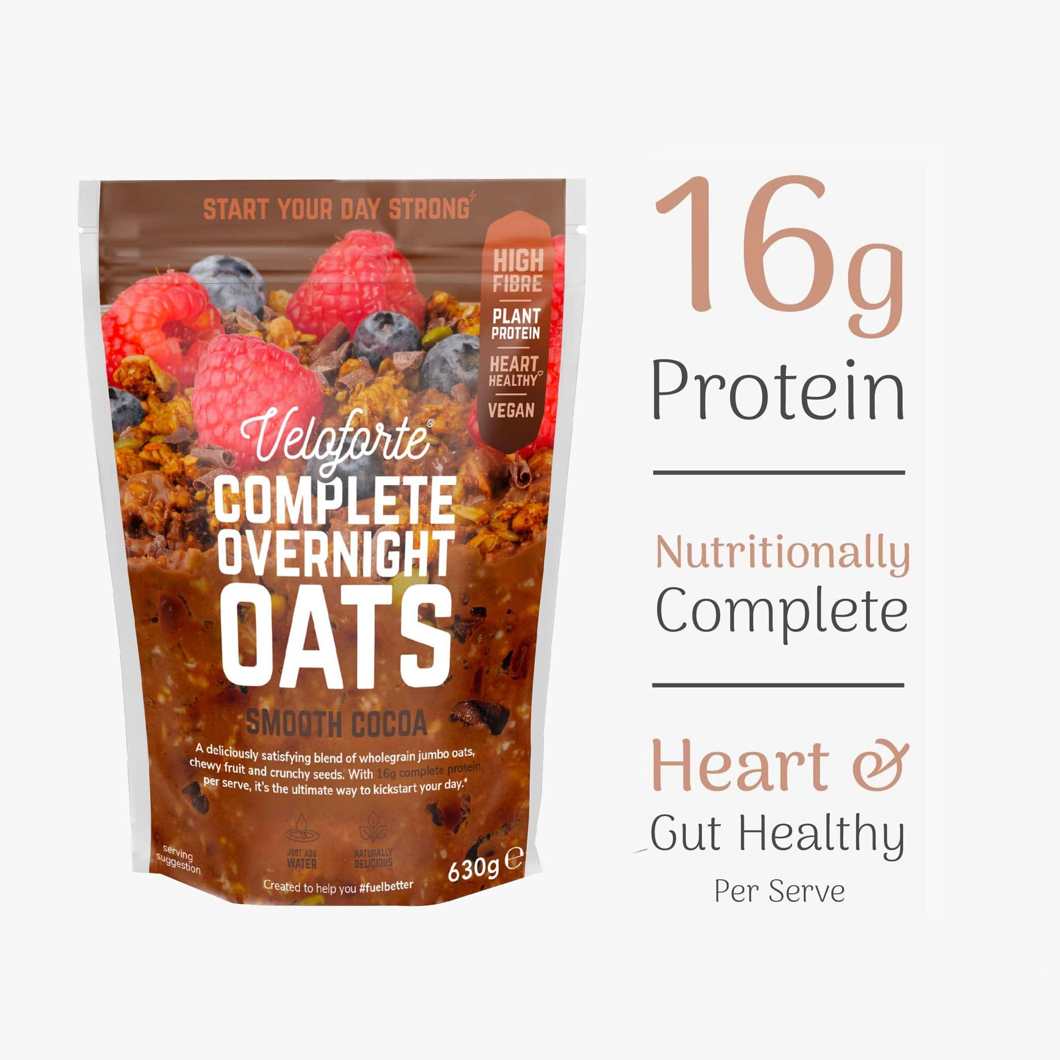 Veloforte Overnight Oats with nutritional information on a white background