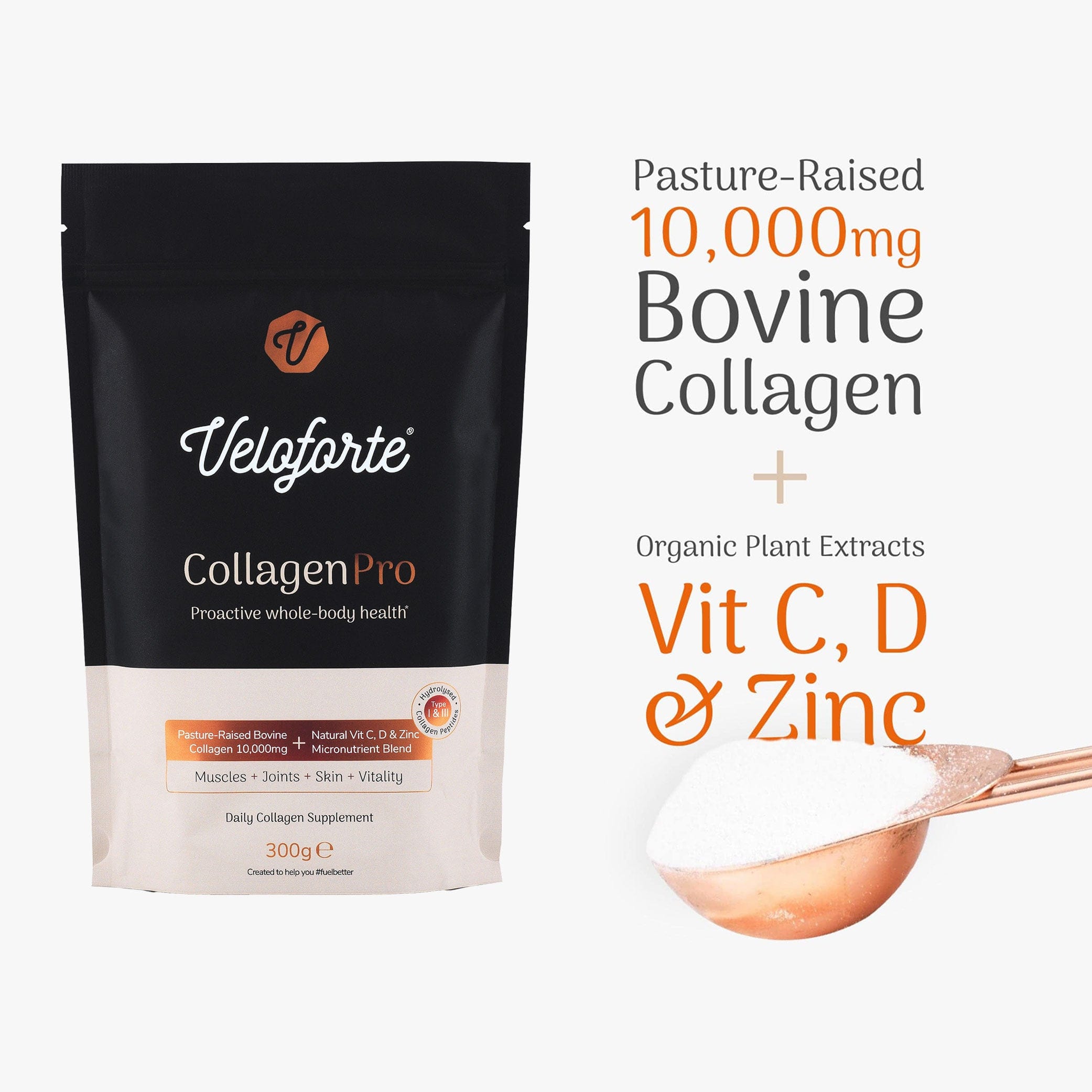 Veloforte CollagenPro with nutritional information on a white background
