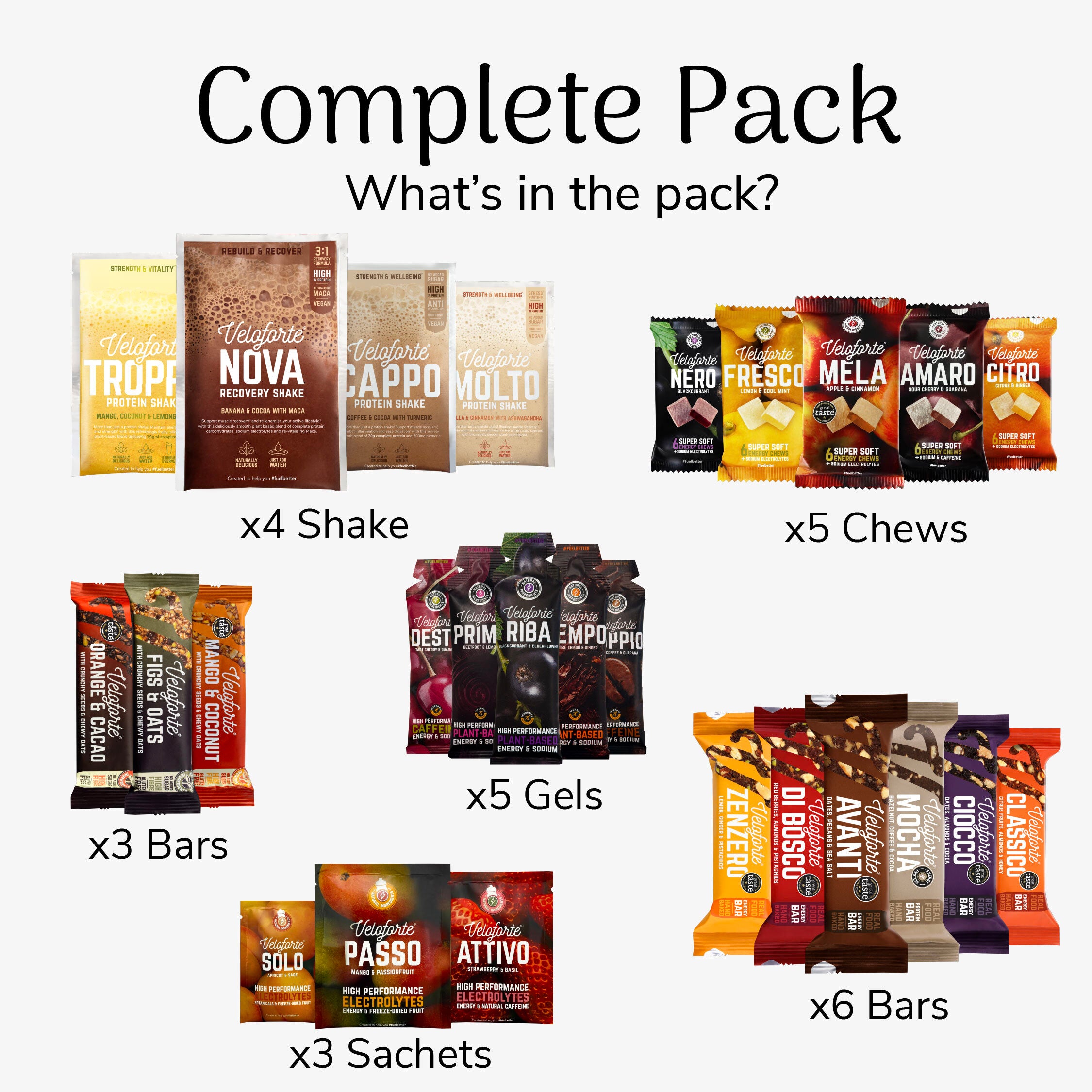 Display of various products within the complete pack with labels indicating quantity and flavor.
