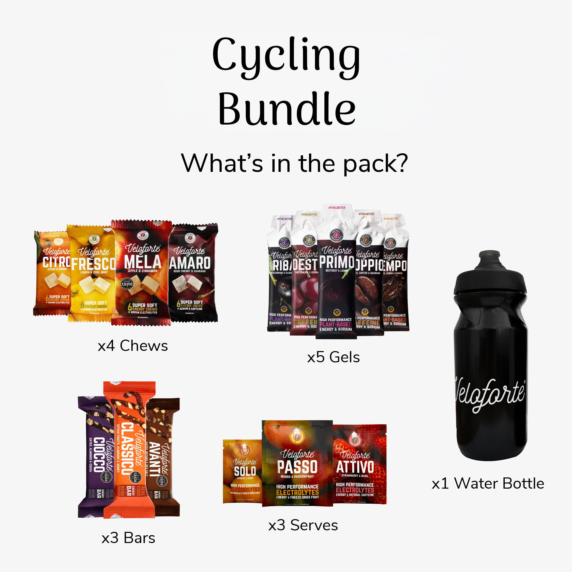 Cycling gift bundle with chews, gels, energy bars , electrolytes and a water bottle on a white background