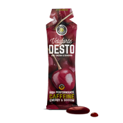 Veloforte Desto energy gel packaging with cherry illustration on a white background