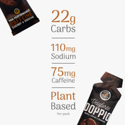 Veloforte Doppio energy gel packaging with nutritional information on a white background