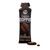 Veloforte Doppio energy gel with coffee bean graphics on a white background