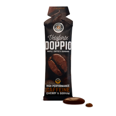 Veloforte Doppio energy gel with coffee bean graphics on a white background