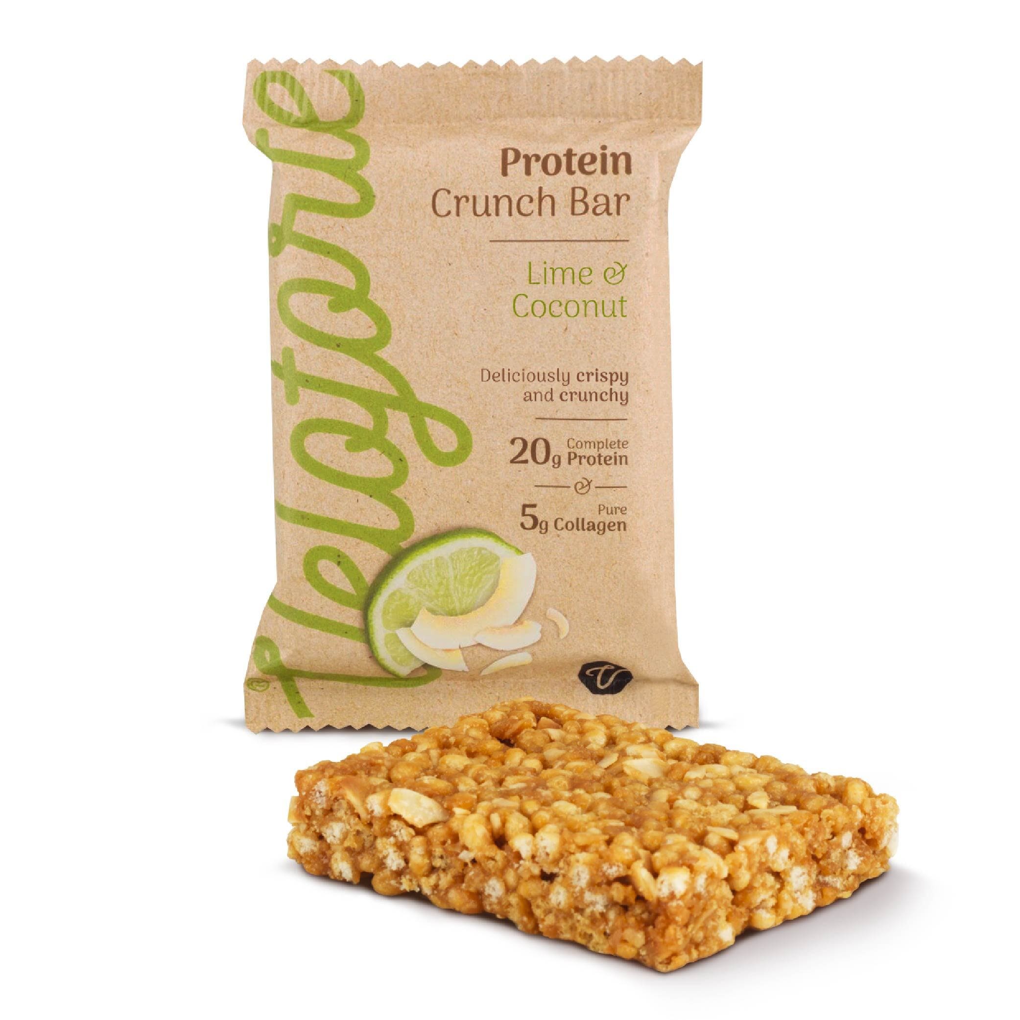 Lime & coconut Protein crunch bar with packaging on a white background