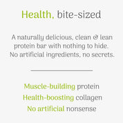 Text advertisement for a protein bar with health benefits and ingredient claims on a white background.