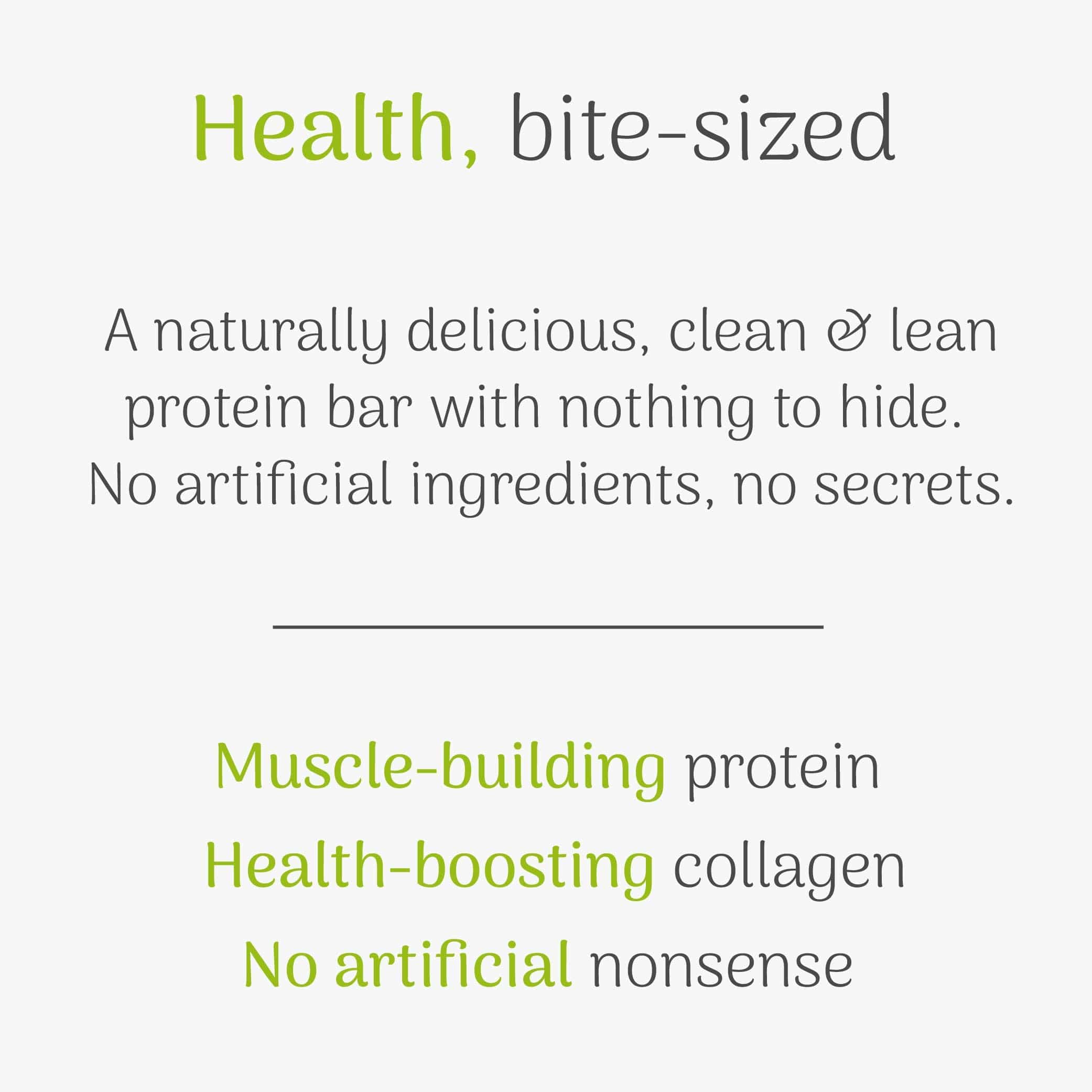 Text advertisement for a protein bar with health benefits and ingredient claims on a white background.